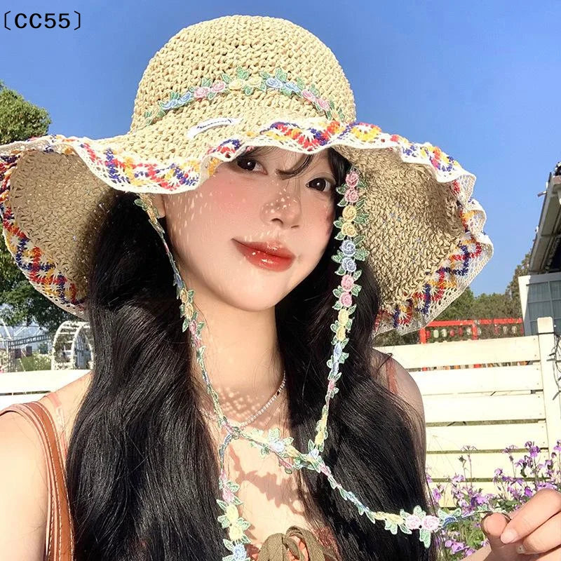 Korean Floral Bow Straw Hat – Women's Wide Brim Beach Sun Hat Straw Sun Hat Qst