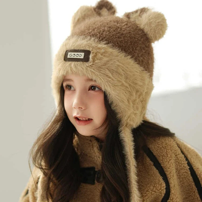 Girls' Bear Fleece-Lined Knitted Ear Flap Winter Hat | Qme Kids Winter Hat Qme