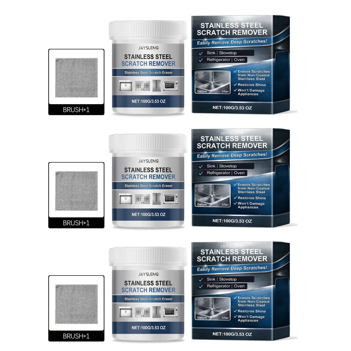 Stainless Steel Scratch Repair & Polish Restoration Cream Steel Polish Cream Qme 3 x 100g Boxed