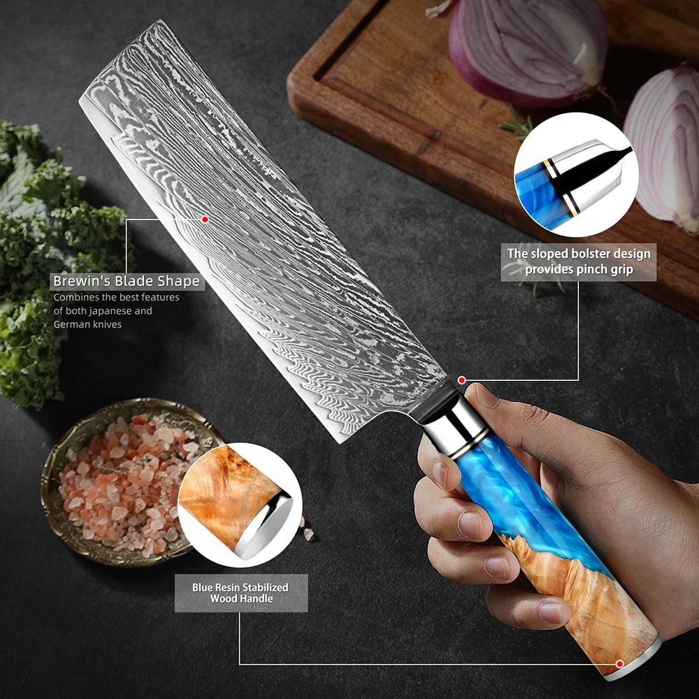 XITUO 7" Damascus VG10 Nakiri Knife – Japanese Vegetable Cleaver Nakiri Kitchen Knife Qst