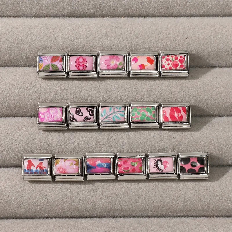 Splash-ink Cat Heart Pink Italian Link Stainless Steel Bracelet Italian Link Bracelet Qme
