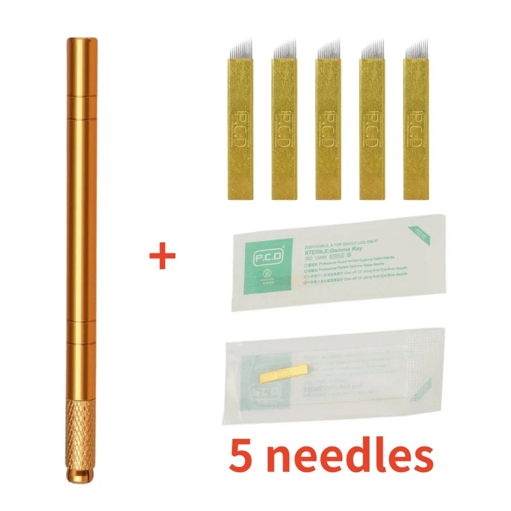 Golden Tebori 3D Microblading Pen & Needles – Permanent Makeup Microblading Pen Qme Golden 5 Needles