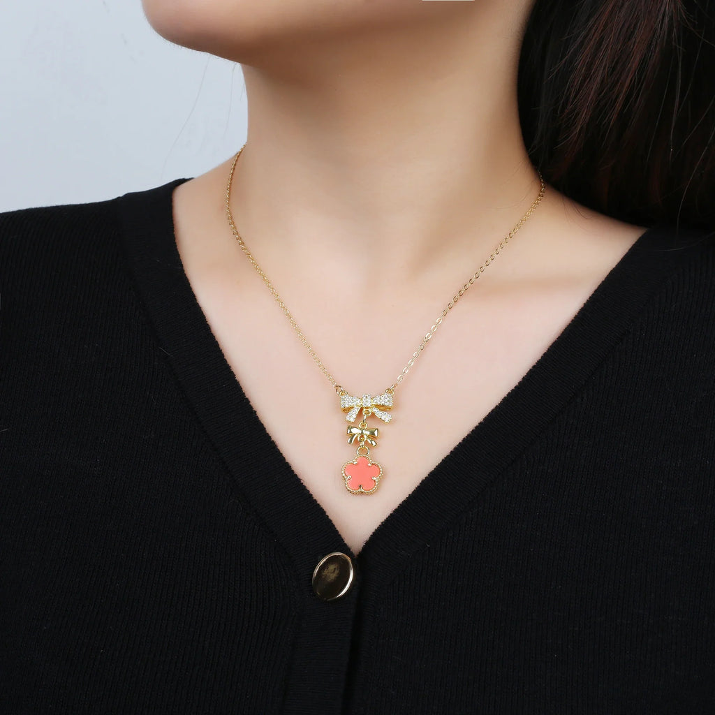 Natural Stone Five Leaf Flower Pendant Necklace | Zirconia Pendant Necklace Qme