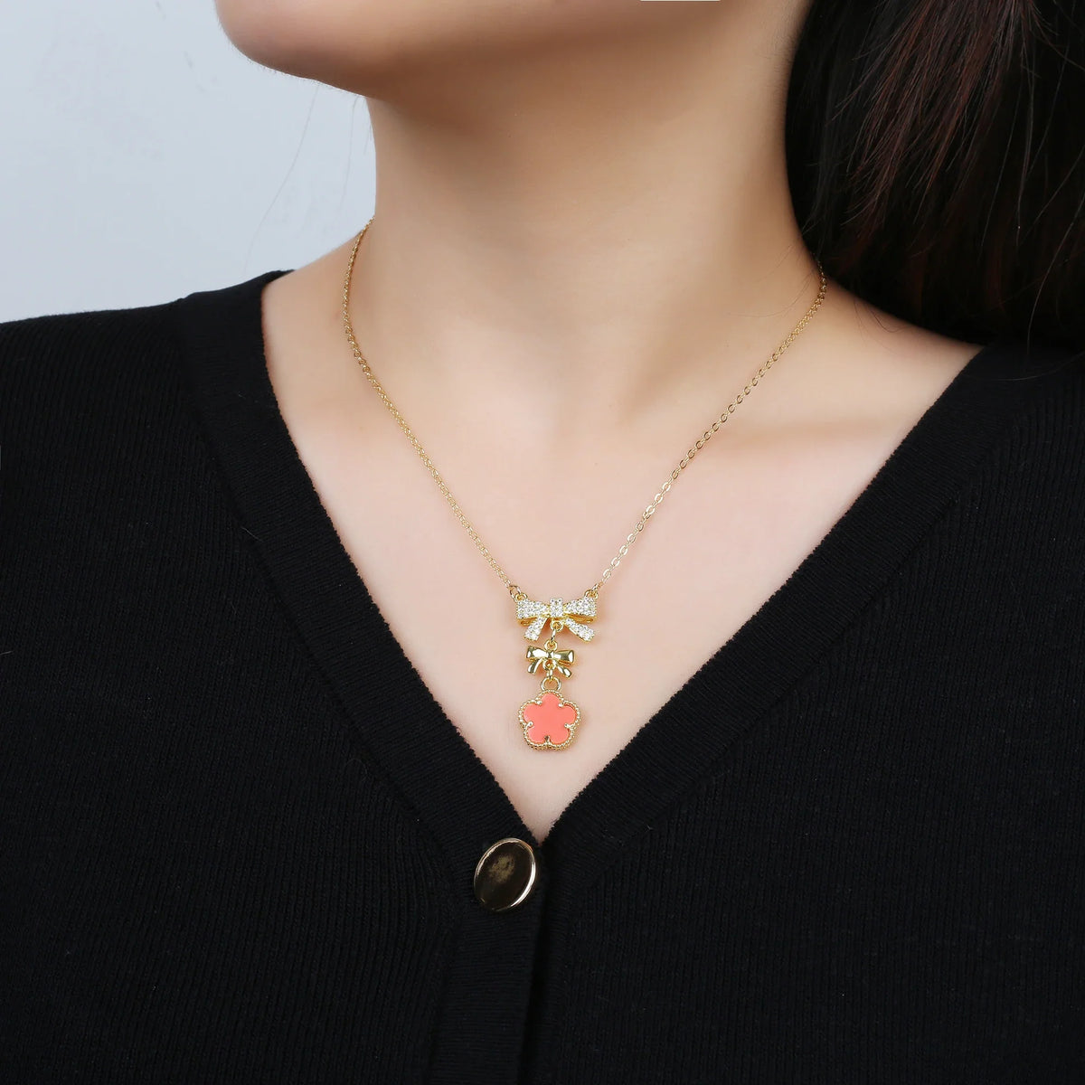 Natural Stone Five Leaf Flower Pendant Necklace | Zirconia Pendant Necklace Qme