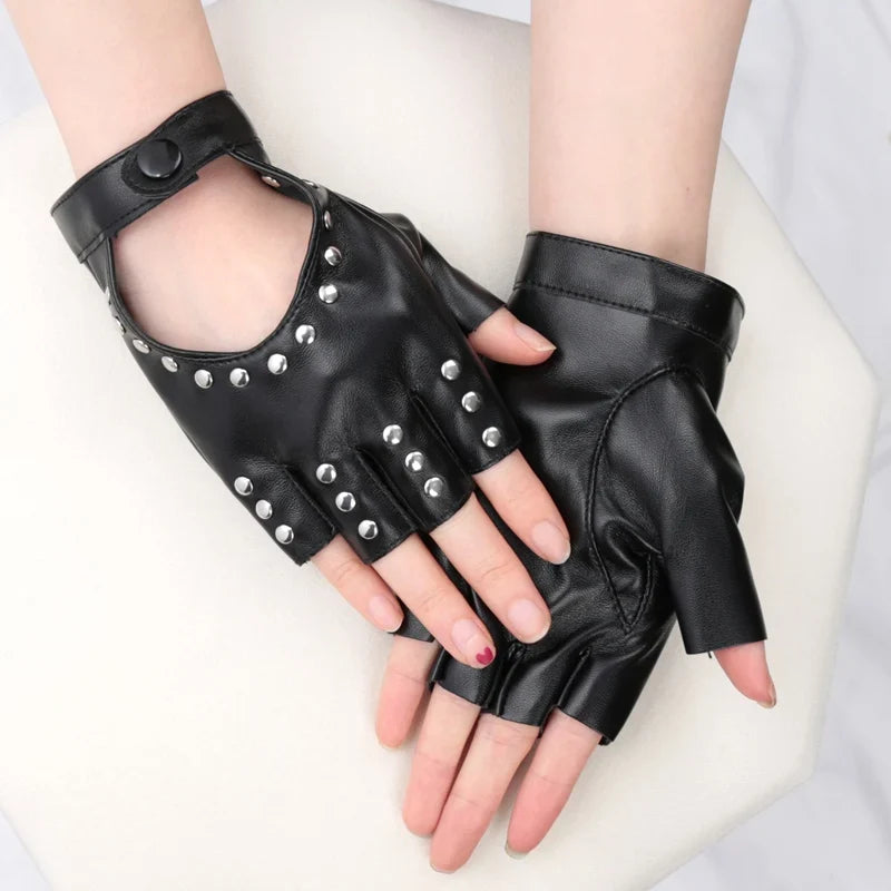 Y2K Gothic Lolita Black Fingerless Gloves – Rivet Punk Style Fingerless Fashion Gloves Qme A1 One Size