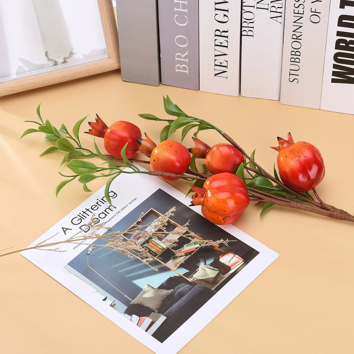 Artificial Pomegranate Branch Red Fruit Green Leaves 60cm Artificial Fruit Branch Qme