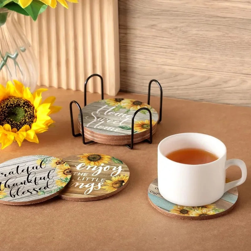 Sunflower Absorbent Wood Coasters Set with Holder | 6 Pcs Drink Coaster Set Qme