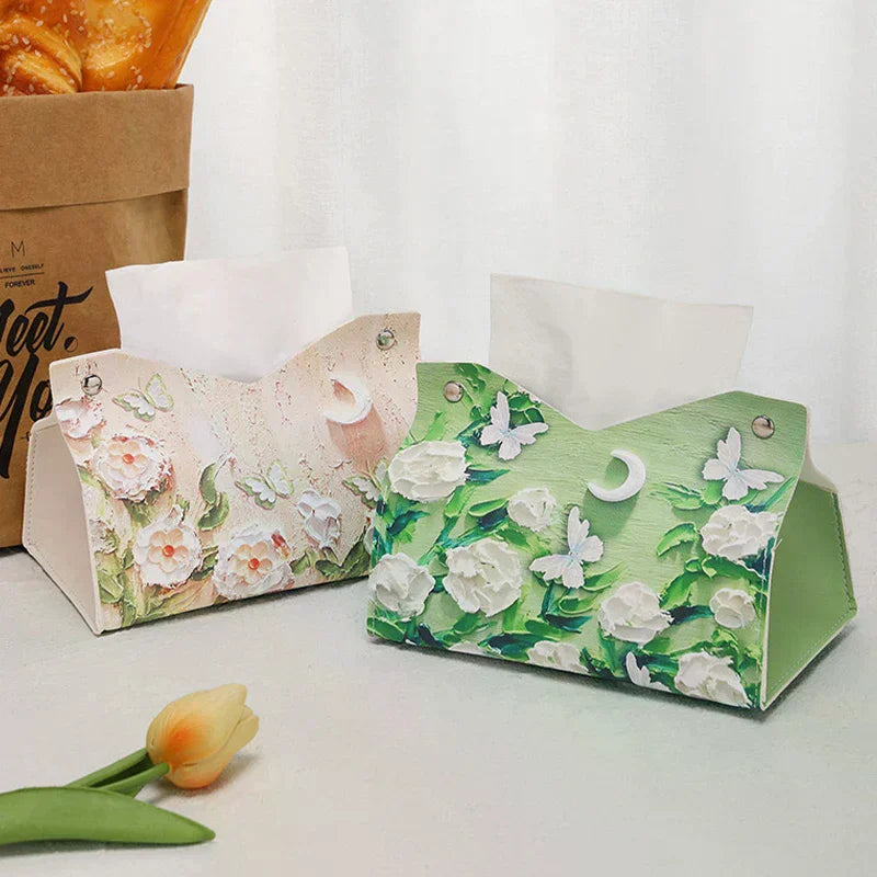Oil Painting Flowers PU Leather Tissue Box | Decorative Tabletop Decorative Tissue Box Qme