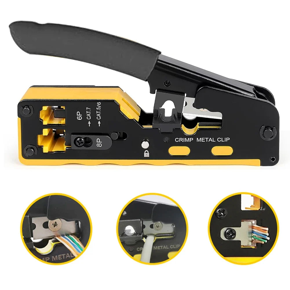 RJ45 Pass-Through Crimp Tool – Cat5 Cat6 Cat7 & RJ11 Network Crimp Tool Qme YELLOW