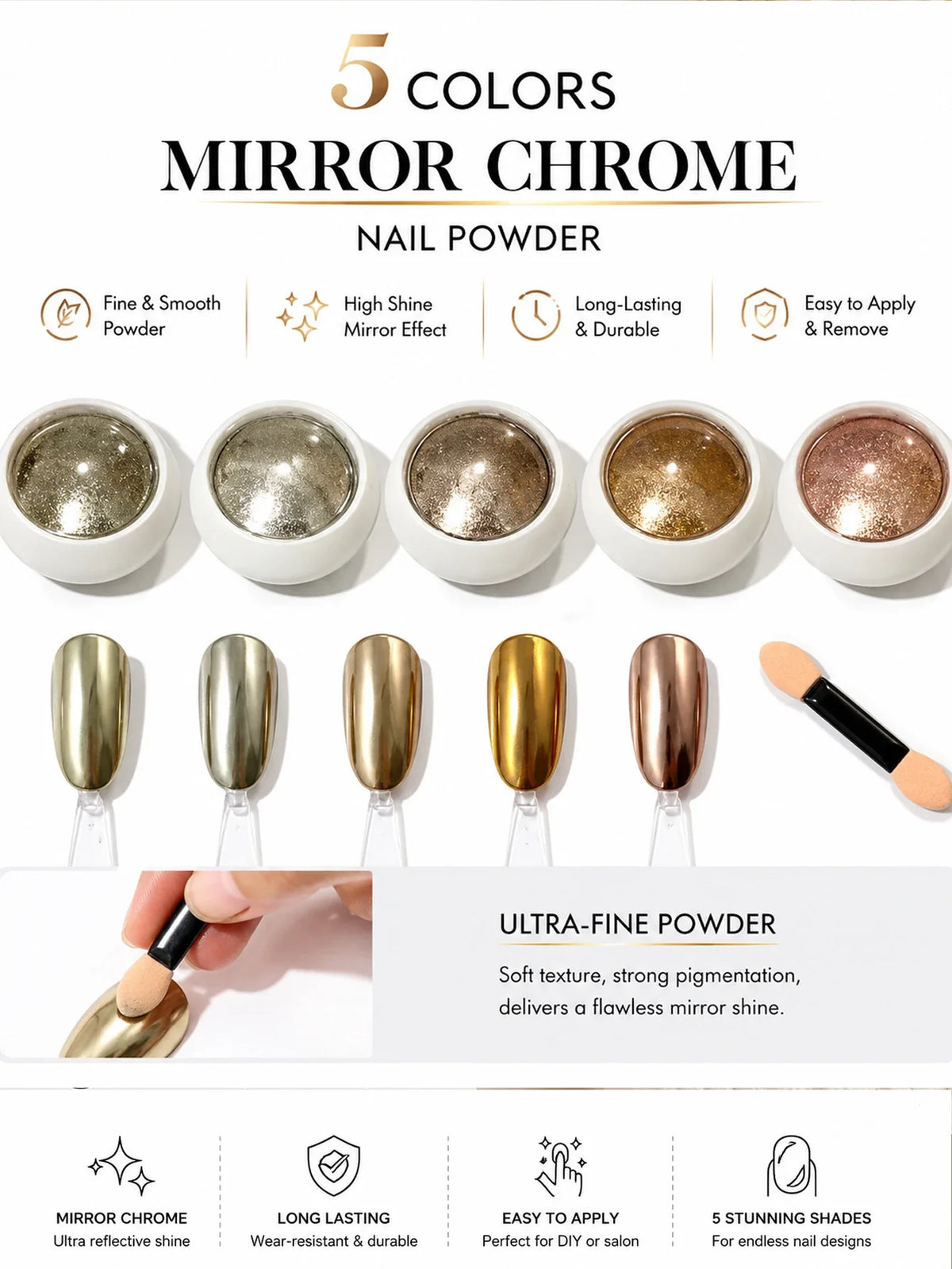 5-Color Chrome Nail Powder – Mirror Holographic Metallic Dust Chrome Nail Powder Qme