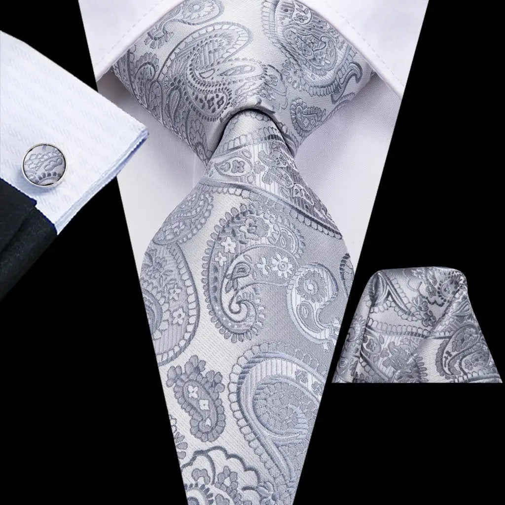 Hi-Tie Smoke Grey Necktie Pocket Square & Cufflinks Set Necktie Gift Set Qme 3530