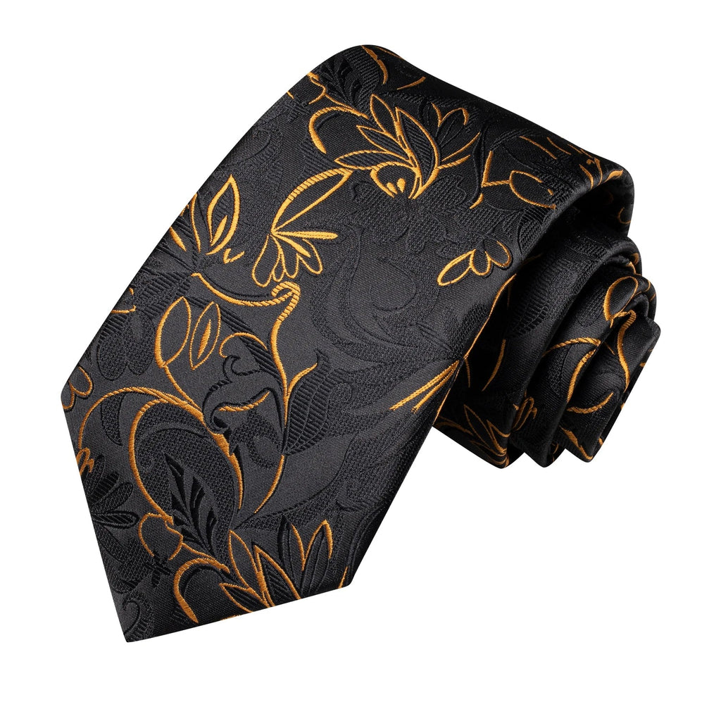 Hi-Tie Black Gold Floral Luxury Tie Set – Cufflinks & Handkerchief Luxury Necktie Set Qme
