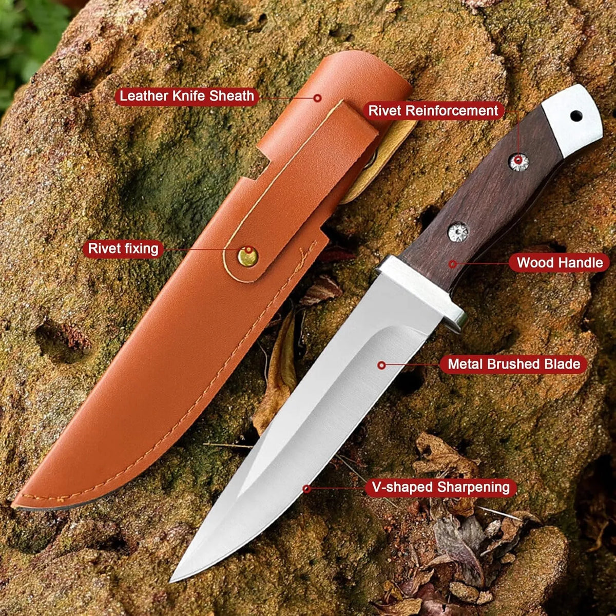 PLYS Fixed Blade Camping Knife with Leather Sheath | U9195 Fixed Blade Knife Qst