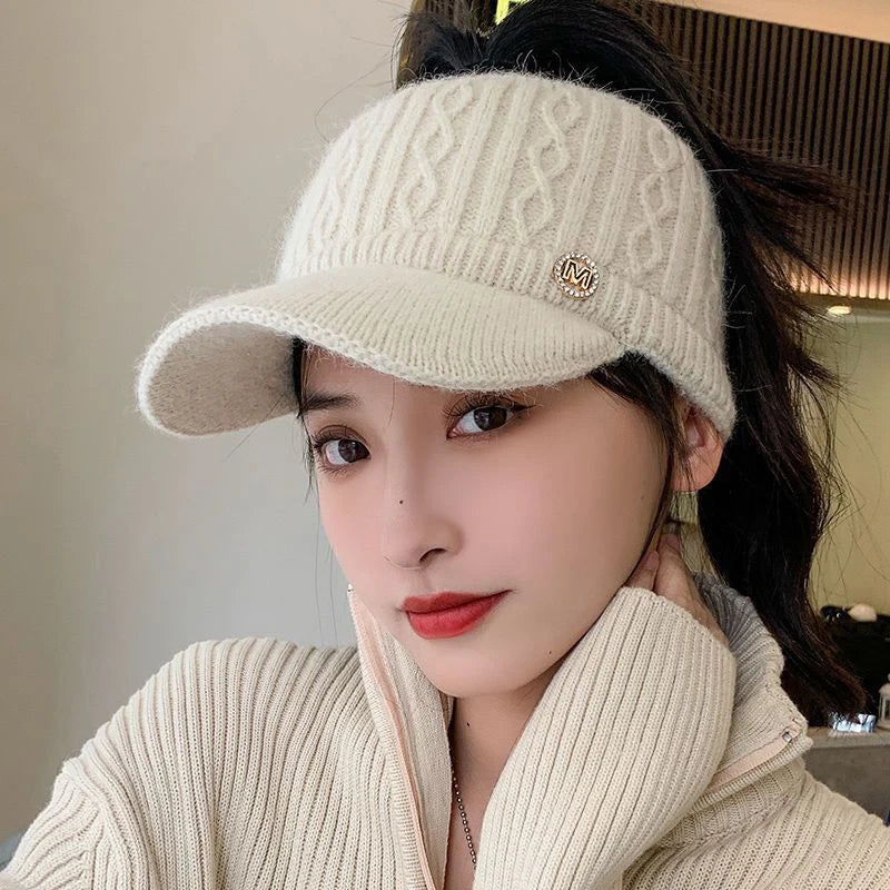 Women's Hollow Knit Top Hat – Warm Ear Protection Beanie Knitted Winter Hat Qst one size Apricot