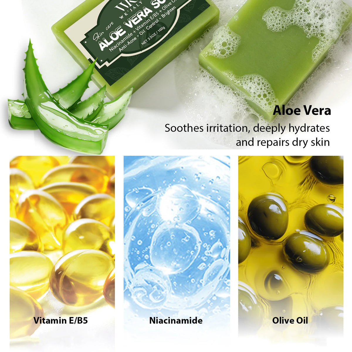 WK'JALY Natural Aloe Vera Soap Bar – Face & Body, 100g Facial Body Soap Qst