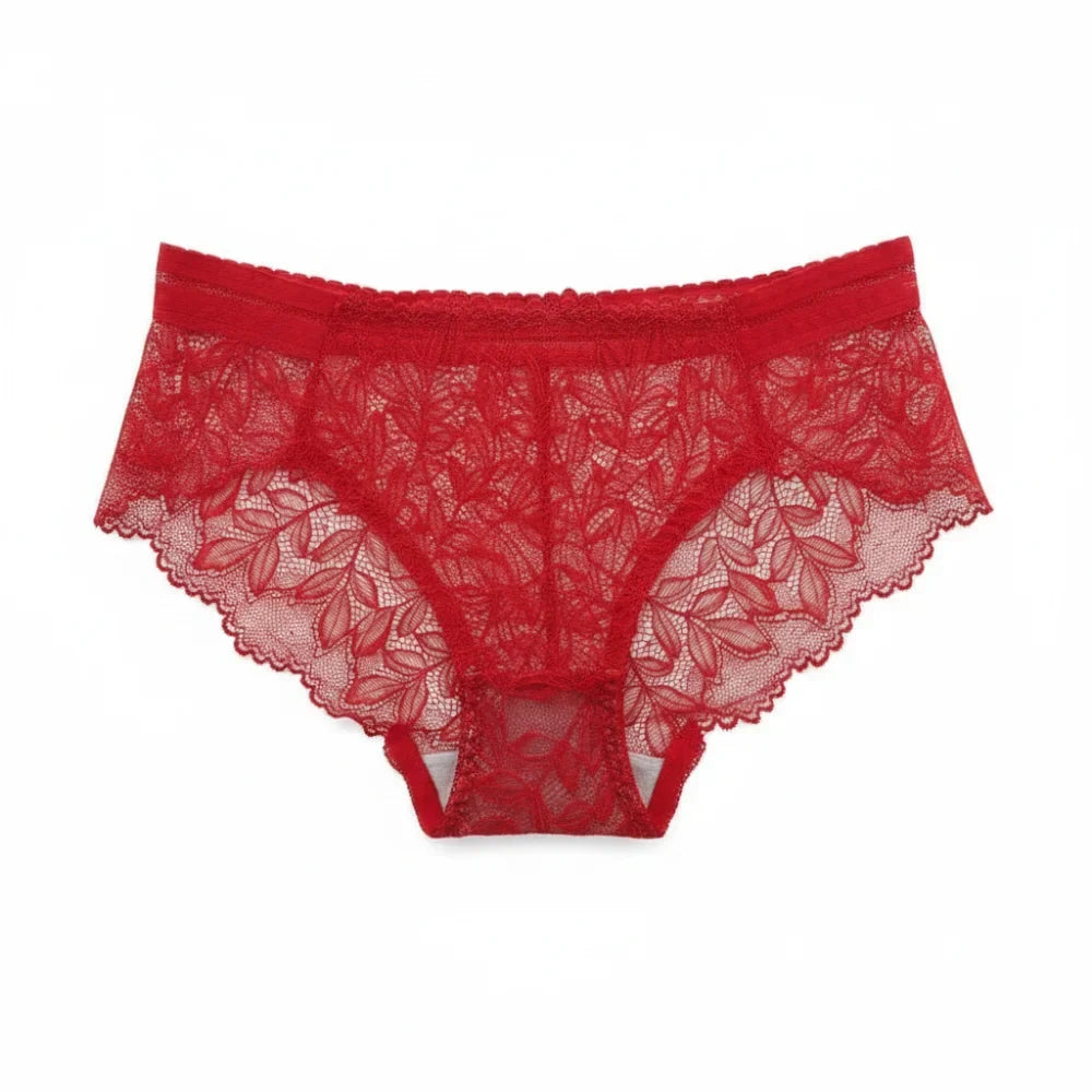 Women's Mesh Lace Briefs – Breathable Low Waist Panties Lace Briefs Qme Red One Size 1pc