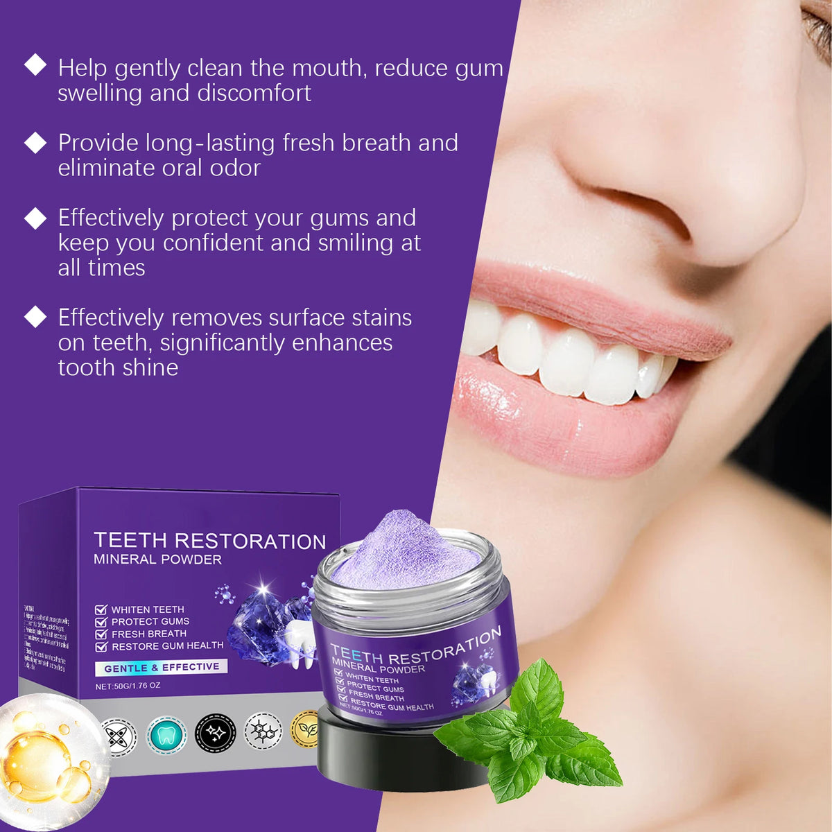 Purple Teeth Whitening Powder | Mint Fresh Breath – 50g Teeth Whitening Powder Qst