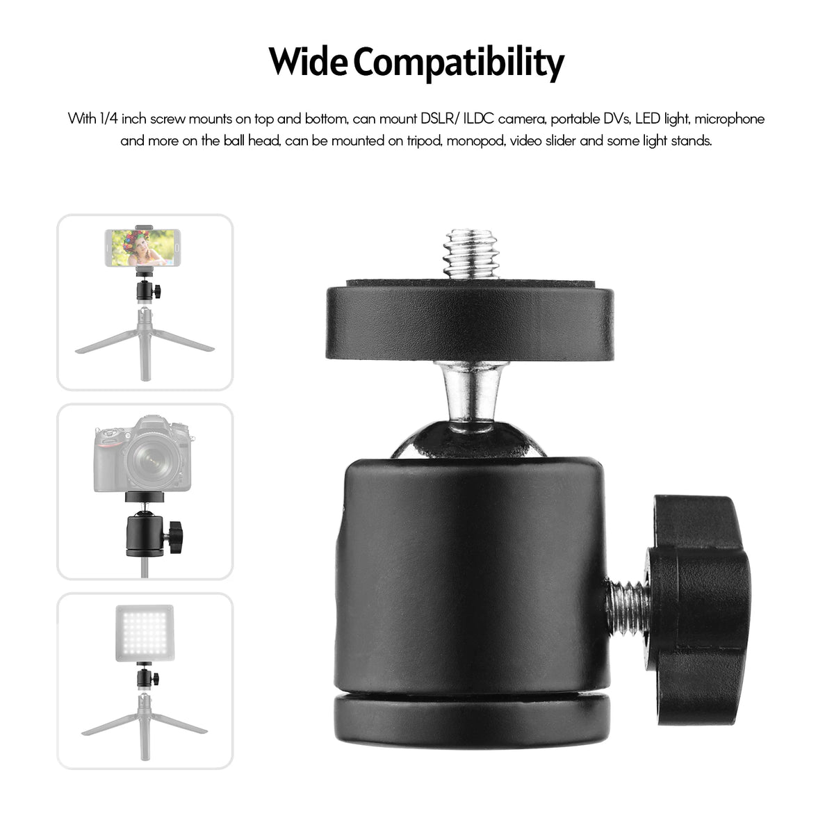 Mini Swivel Ball Head Tripod Mount 360° Rotation 1/4" Screw Tripod Ball Head Qst