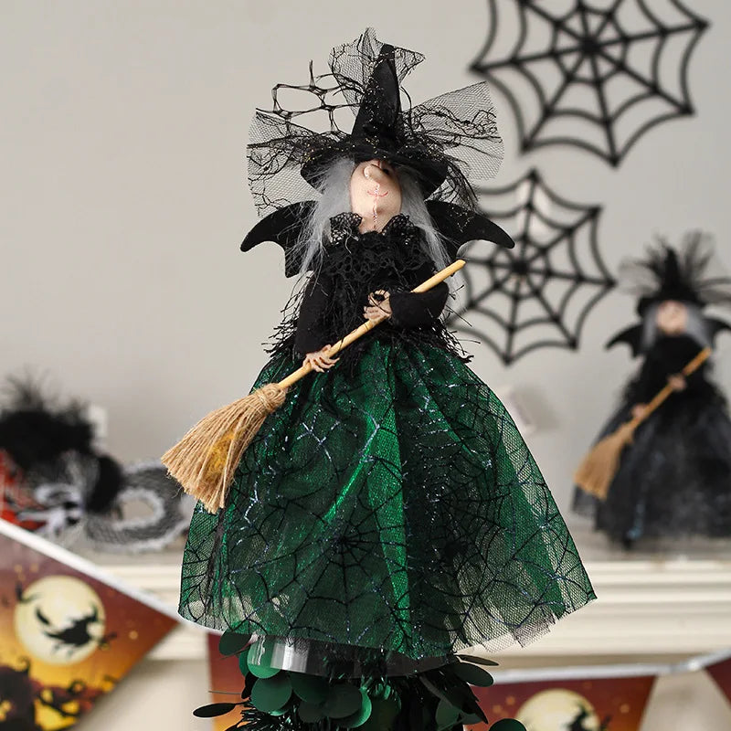Halloween Witch Doll Ornament – Broom, Spider Web & Sequin Dress Halloween Ornament Qme
