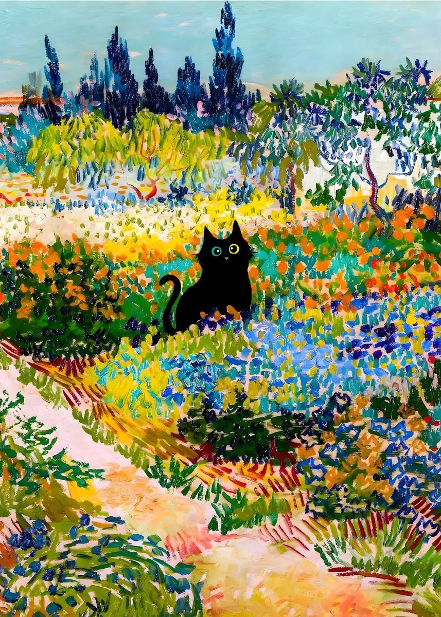 Vintage Black Cat Japanese Forest Canvas Wall Art Print Poster Canvas Wall Art Qst J 40X60cm No Framed