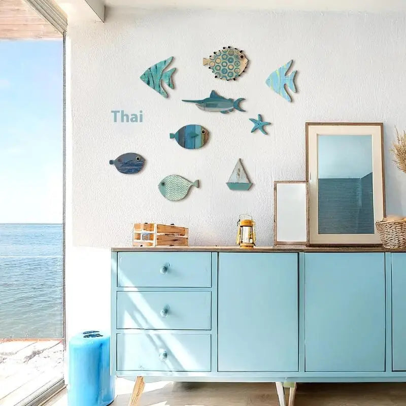 10-Piece Wooden Fish Wall Decor – Nautical Beach Theme Art Wall Decor Set Qst