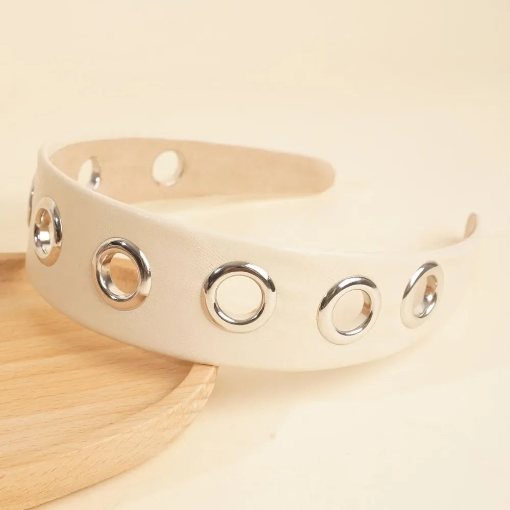 Y2K Hollow Metal Headband Ring – Stretchy Eyelet Wide Band Hair Headband Qme White