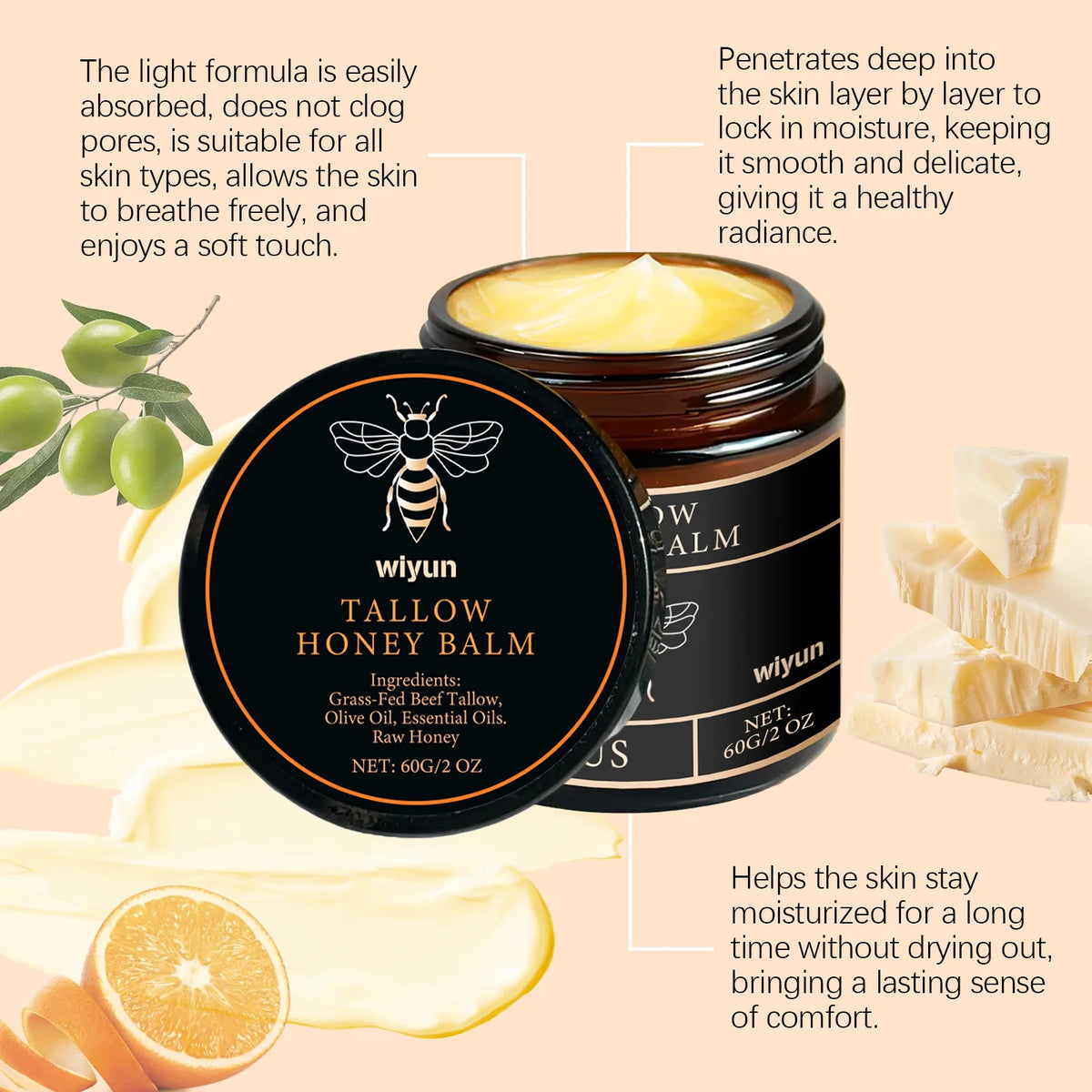 Grass Fed Beef Tallow & Raw Honey Moisturizing Balm Moisturizing Balm Cream Qst