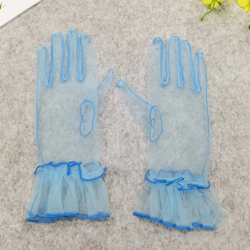 Women's Black Lace Gloves – Sheer Tulle Wedding & Bridal Lace Fashion Gloves Qme SKY BLUE One Size