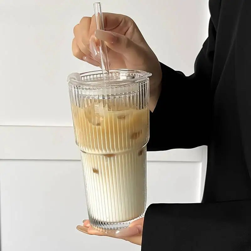 600ml Ribbed Glass Cup with Lid & Straw | Borosilicate Glass Drinkware Set Qme