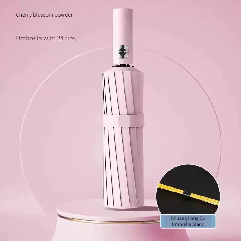 Automatic 24-Rib Folding Umbrella – UV & Rain, Multi-Color Folding Umbrella Qst Pink 24K Iron