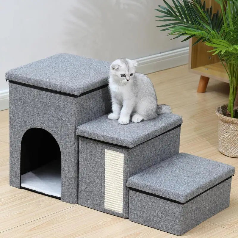 Foldable Pet Stairs with Storage Box for Cats & Dogs Foldable Pet Stairs Qme