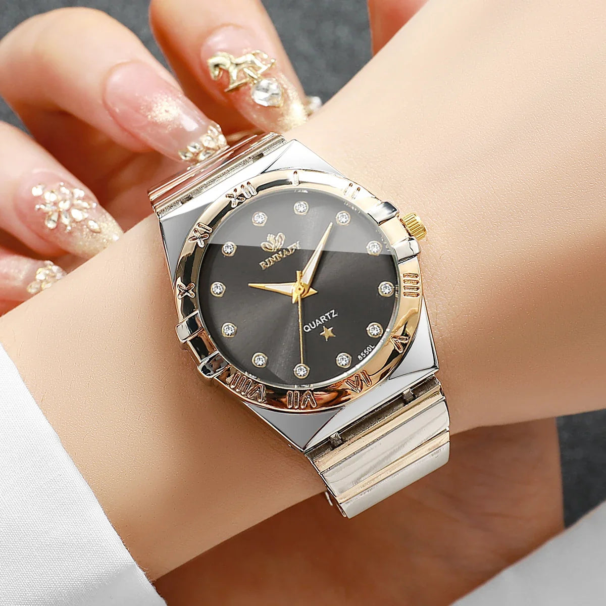 Two Tone Gold Silver Ladies Watch Rhinestone Dial Roman Bezel Ladies Dress Watch Qme