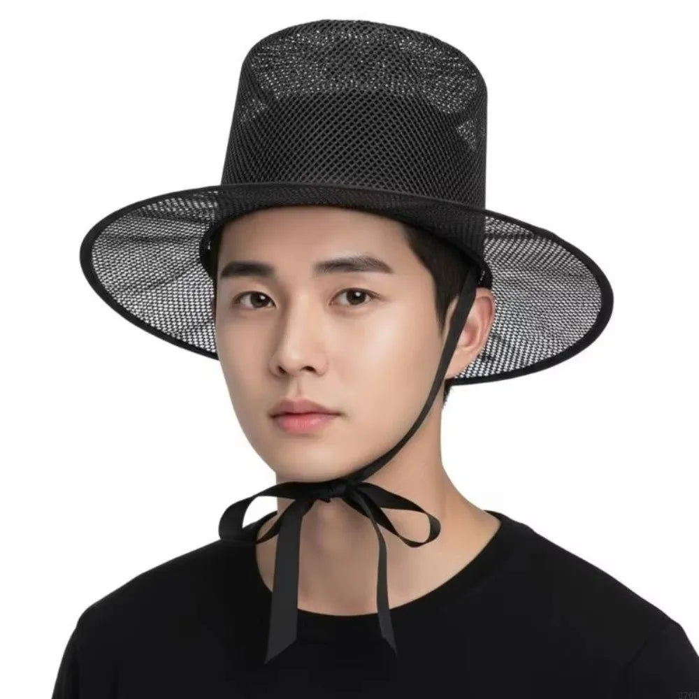 Traditional Korean Gat Hat – Black Mesh Wide Brim Flat Top Traditional Cultural Hat Qme