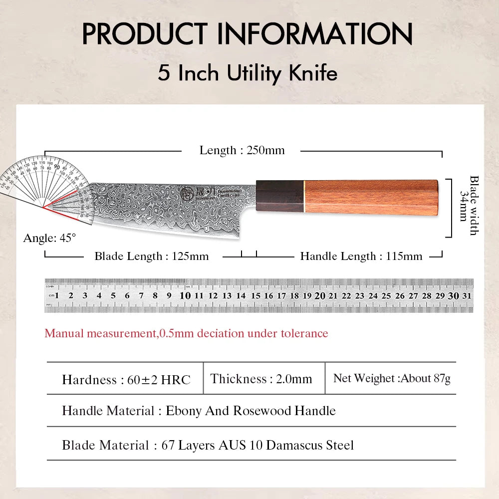 SHENGSHARP 5" Damascus Steel Utility Knife – Japanese Handle Kitchen Utility Knife Qst