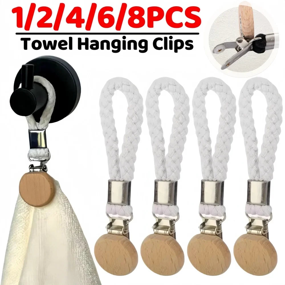 Towel Hanging Clips – Woven Cotton Rope & Wood Round Head Towel Hanging Clips Qme