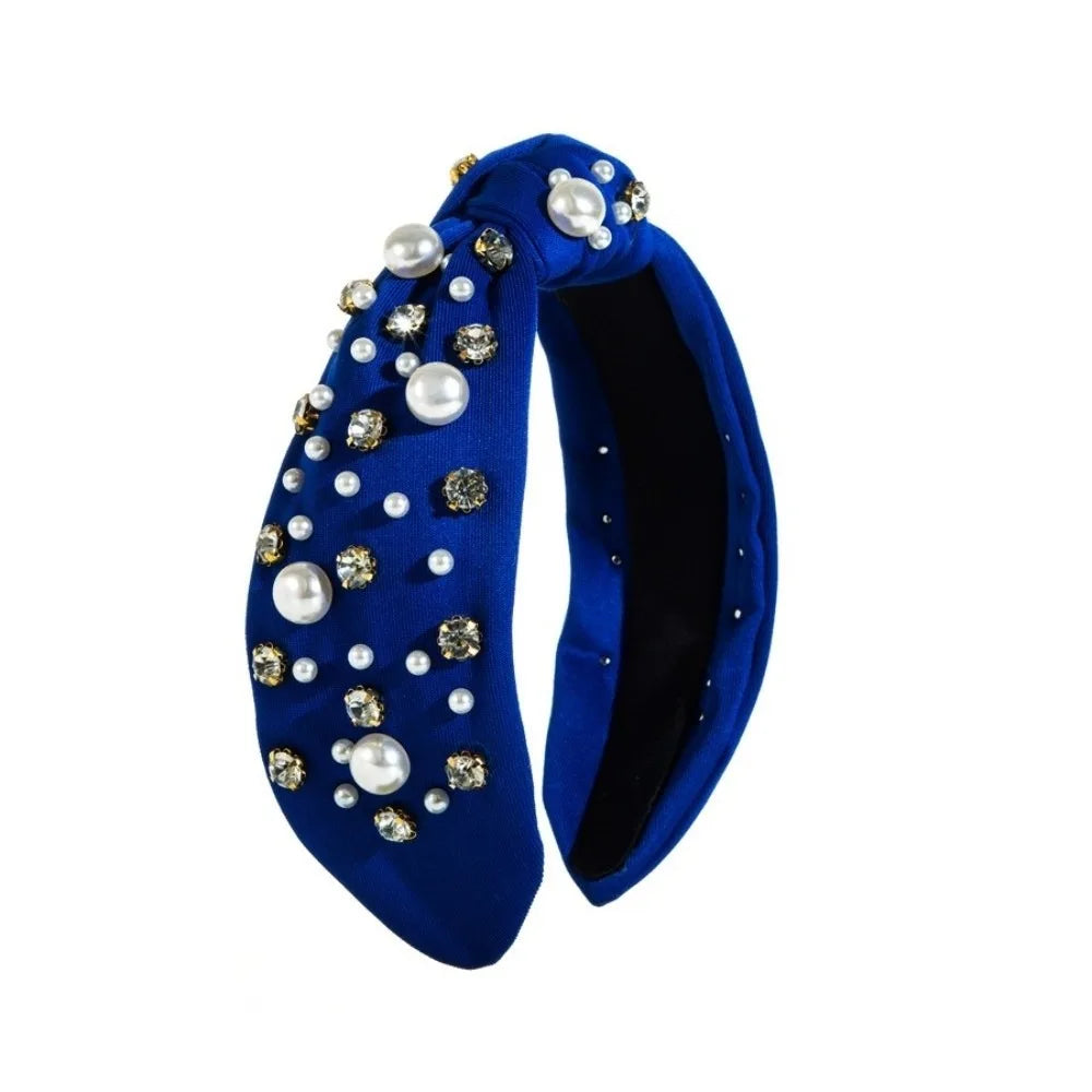 Rhinestone Pearl Wide Headband Hair Hoop – 12 Colors Pearl Rhinestone Headband Qme Blue