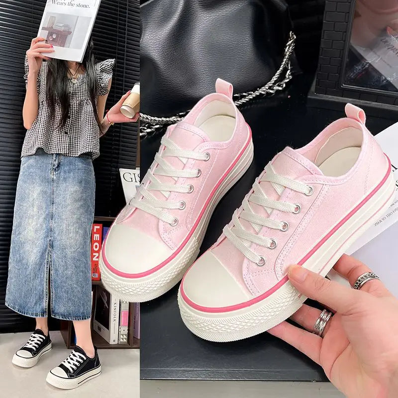Women's Pink Canvas Sneakers – Polka Dot Laces, Low Top Canvas Sneakers Qst Pink B 38