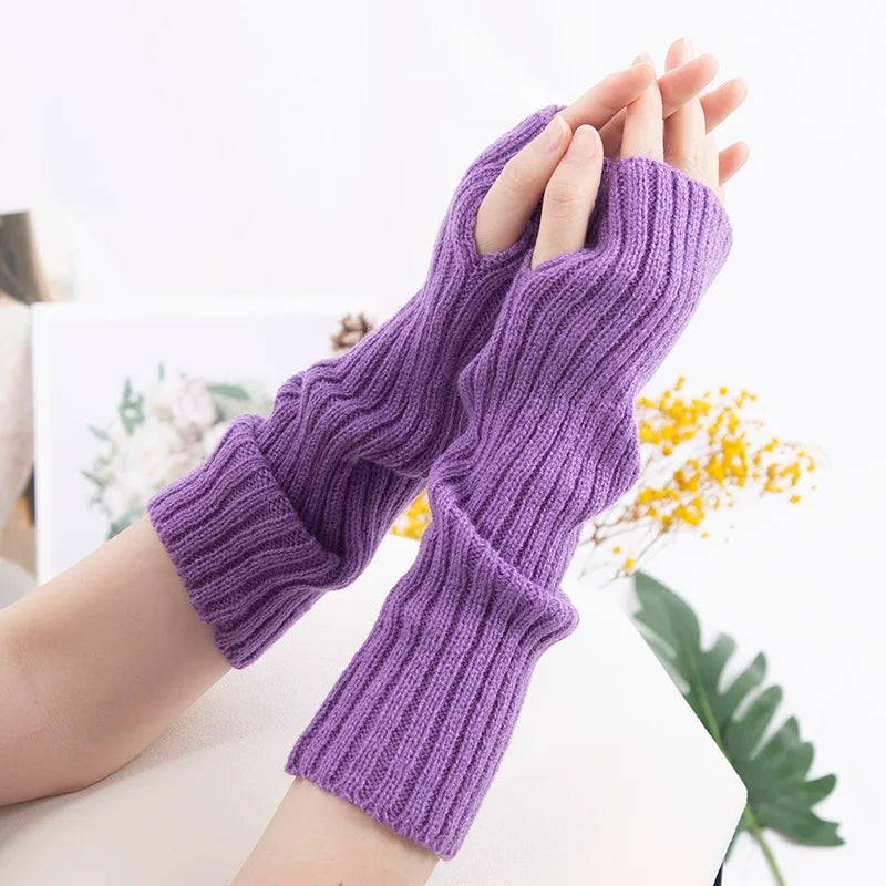 Women's Long Fingerless Gloves Kawaii Knit Arm Warmers Fingerless Arm Warmers Qme Light purple one size