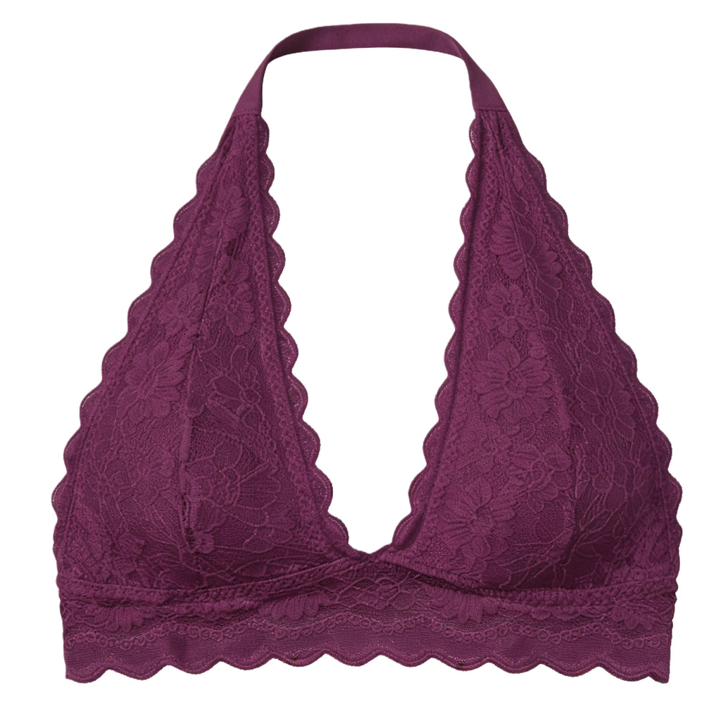 Zeriluna Lace Minimizer Bra – Halter Neck, Full Coverage, Wire Free Minimizer Bra Qst Burgundy 2XL
