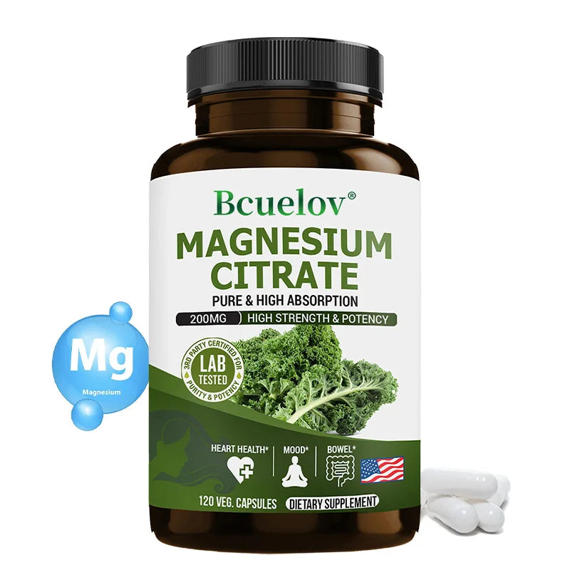 Bcuelov Magnesium Citrate 120 Caps – Non-GMO, Easy Absorption Mineral Supplement Qst