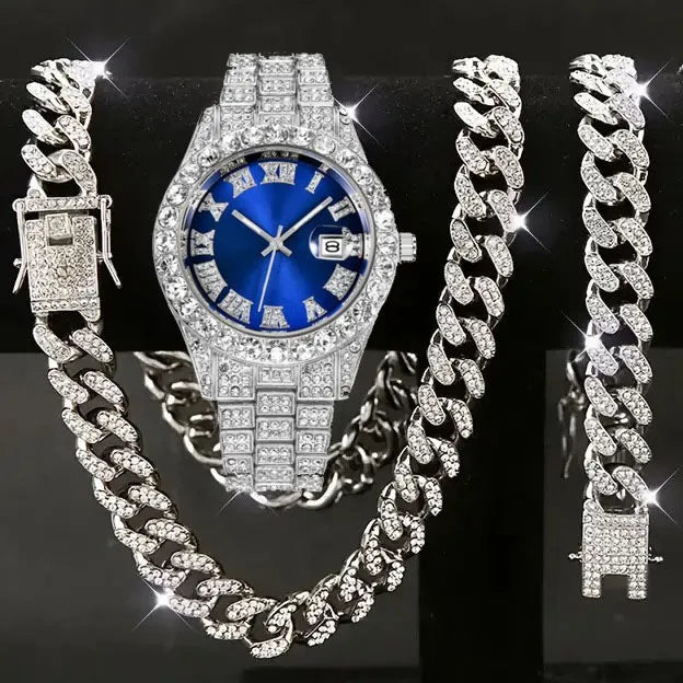 Hip Hop Watch Set – Diamond Bracelet, Necklace & Large Dial Hip Hop Watch Set Qme