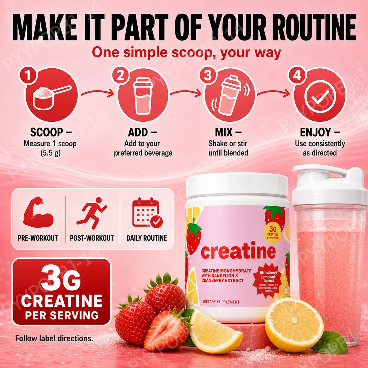 Women's Creatine Monohydrate 3000mg Powder | Strawberry Lemonade Creatine Supplement Powder Qst