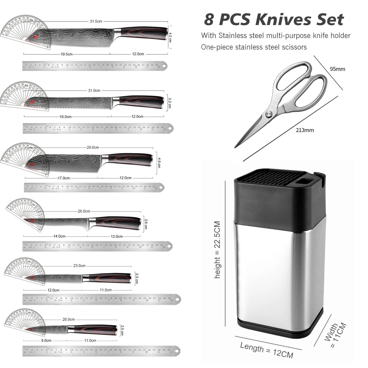 XITUO 8-Piece Kitchen Knife Set with Block & Scissors Kitchen Knife Set Qst