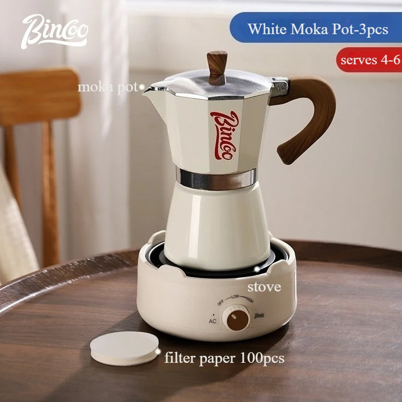 Bincoo Premium Moka Pot & Espresso Machine Set for Home Espresso Brewing Set Qst White 6-cup 3pcs B