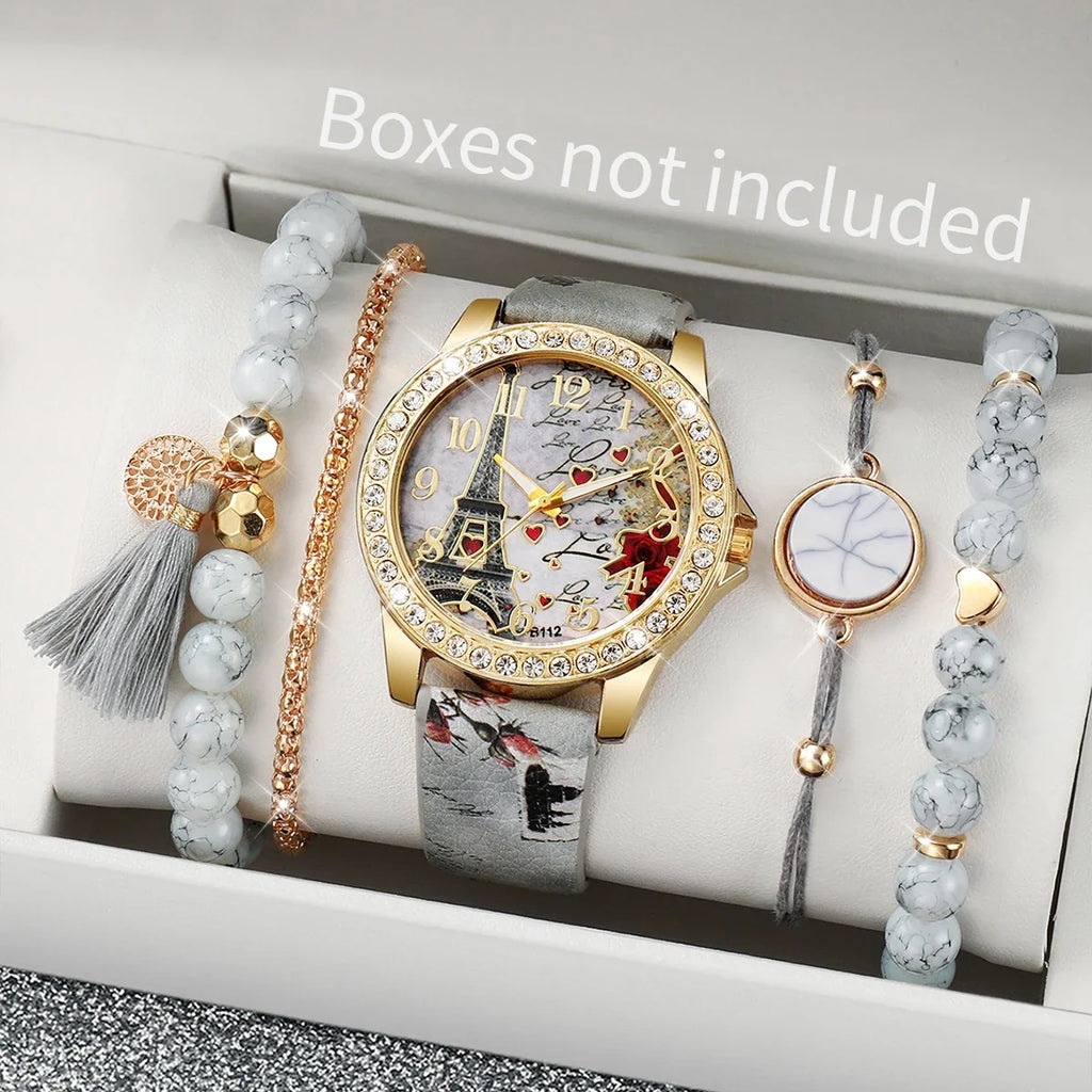Floral Leather Watch Set 4-in-1 Marble Stone Charm Bracelets Fashion Watch Set Qme