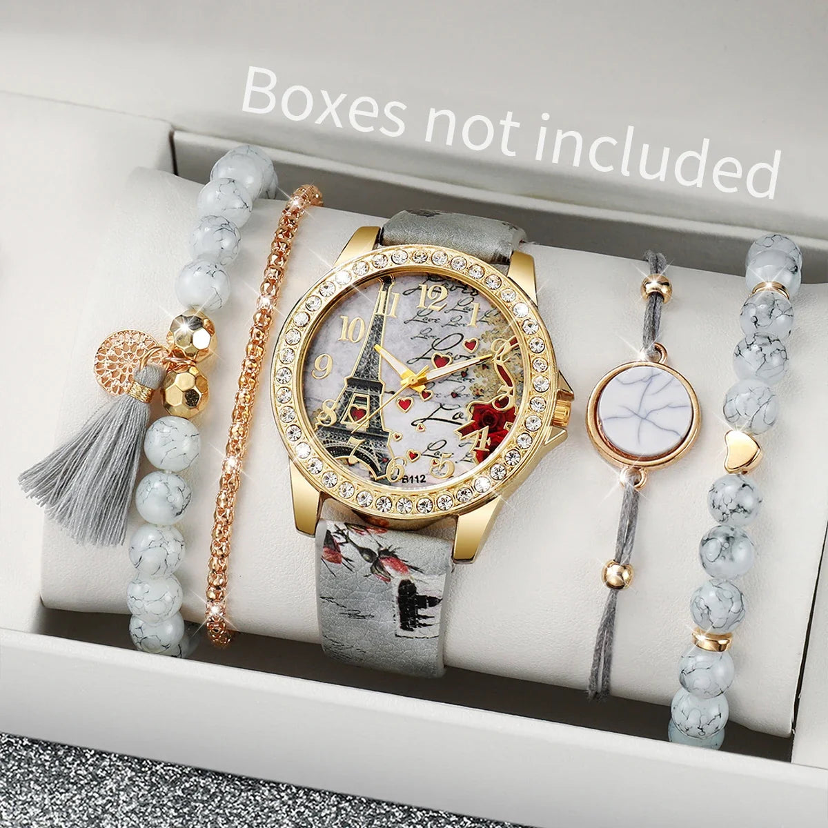 Floral Leather Watch Set 4-in-1 Marble Stone Charm Bracelets Fashion Watch Set Qme