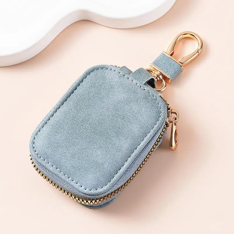Soft Suede PU Leather Car Key Pouch with Zipper & Carabiner Key Pouch Case Qme