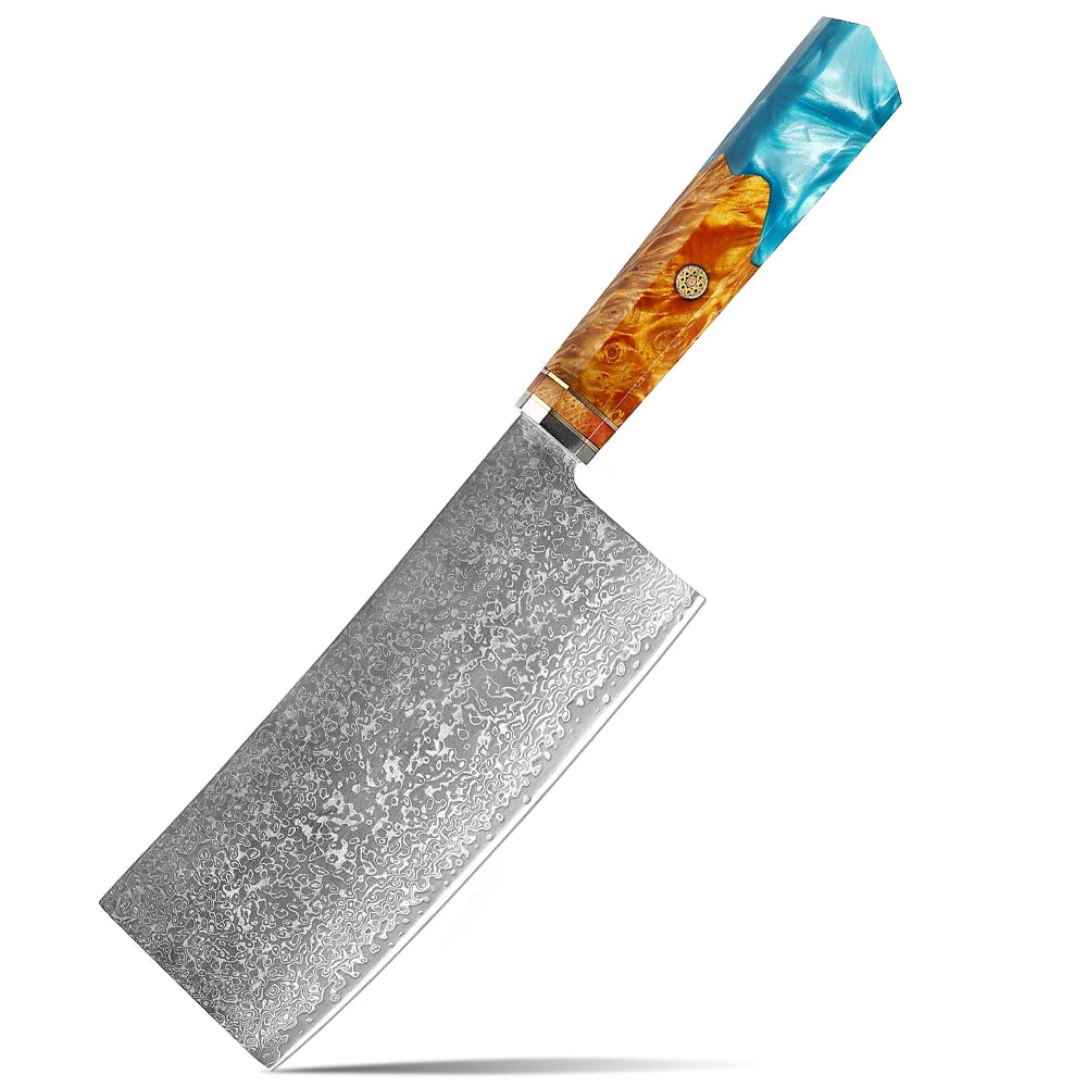 XITUO Damascus Steel Chef Knife Set – Sea Blue Resin Handle Chef Knife Set Qst Cleaver Knife