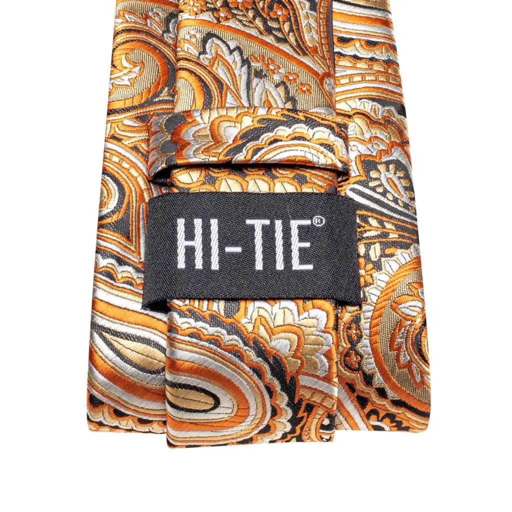 Hi-Tie Men's Orange Grey Paisley Silk Necktie Gift Set Necktie Gift Set Qme