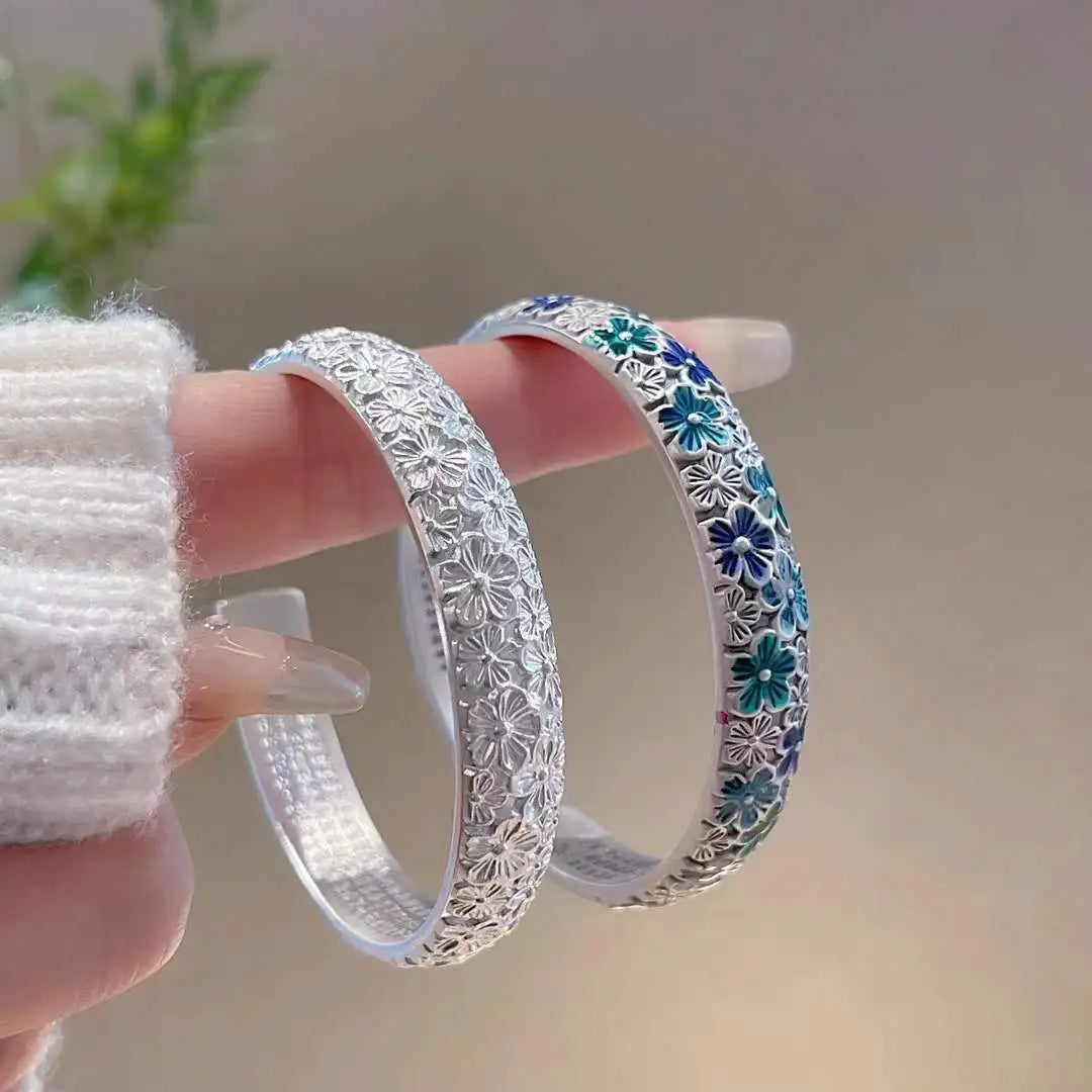 Enamel Plum Blossom Open Bangle | Chinese Floral Bracelet Enamel Cuff Bangle Qme